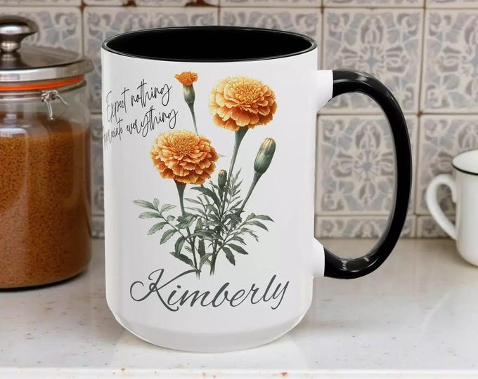 Name Coffee Mug: Birth Month Flowers - Personalized Cup, 15oz