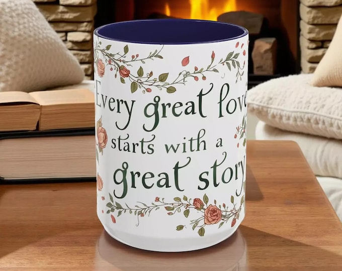 Floral Coffee Mug - Love Story Script, Accent Colors