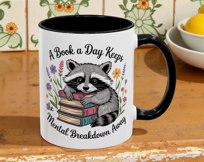 Coffee Mug: Book Lover Design - Raccoon and Flowers Bookish Quote