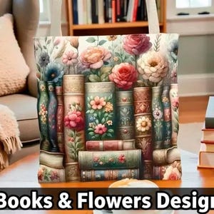 A cozy living room scene with a floral-patterned tote bag featuring a row of colorful books, a cup of coffee, and a stack of books on a wooden table.