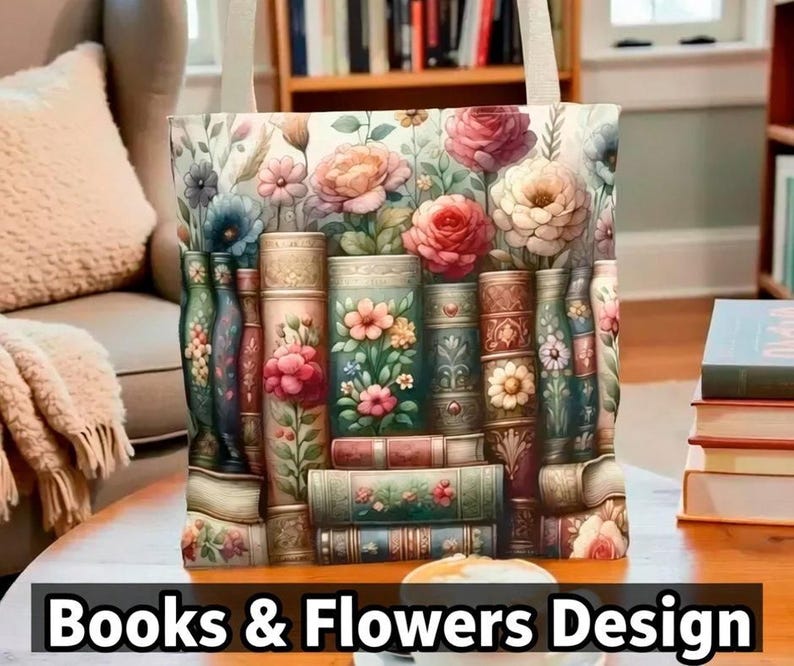A cozy living room scene with a floral-patterned tote bag featuring a row of colorful books, a cup of coffee, and a stack of books on a wooden table.