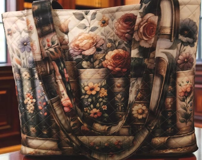 Small Quilted Books and Flowers Tote Purse Bag