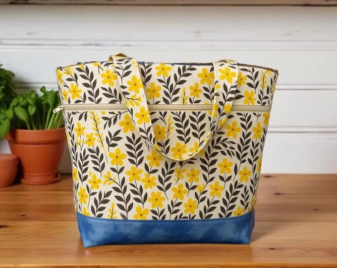 Yellow and Blue Floral Medium Tote Carryall Shopping Bag