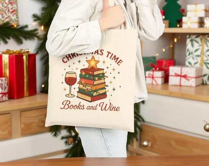 Christmas Books and Wine Tote — Canvas Holiday Booklover Gift Bag