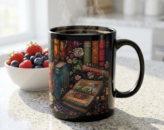 Booklover Stained Glass Look Ceramic Mug – Vintage Stacked Books & Floral Library Design
