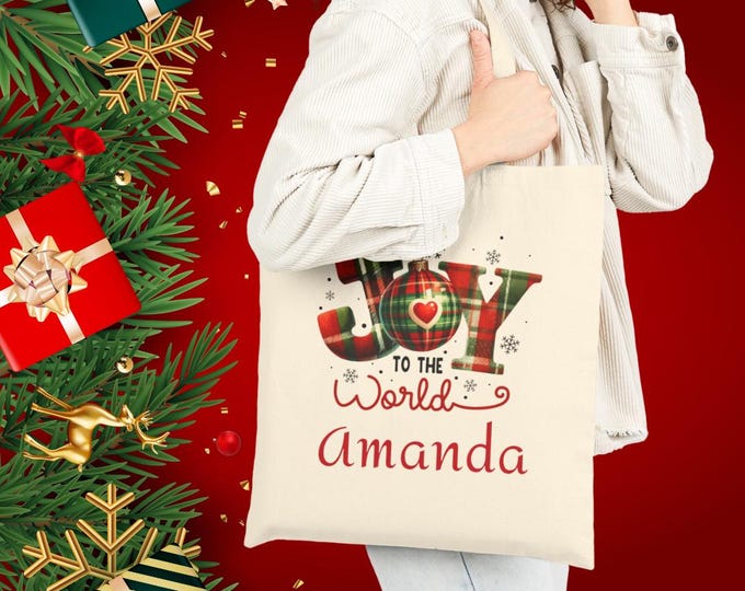 Joy to the World Tote Bag: Personalized Holiday Cotton Canvas Shopping Book Bag