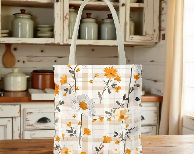 Floral Plaid Tote Bag — Yellow And White Daisies