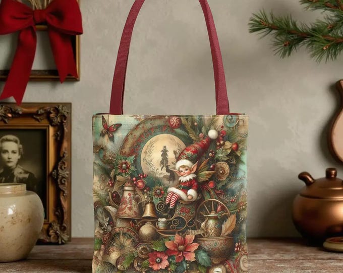 Christmas Tote Bag: Elf and Sleigh Print - Sturdy Holiday Carryall Shopping Book Bag