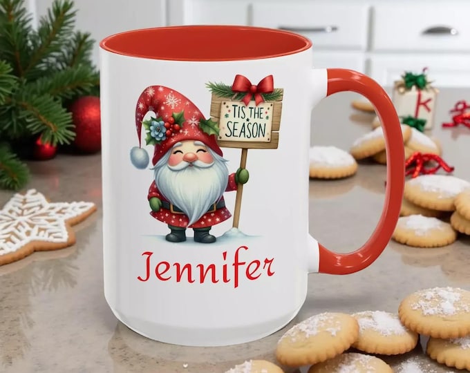Personalized Holiday Gnome Coffee Mug, Tis the Season Mug, Christmas Gift for Him or Her, Festive Home Decor