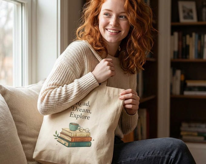 Read, Dream, Explore Tote — Book Lover Cotton Canvas Carryall Shopping Bag