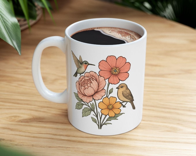 Floral Wildlife Mug: Botanical Bird Art (Ceramic, 11oz)
