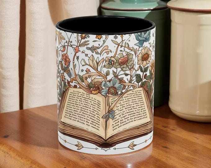 Floral Open Book Coffee Mug, Vintage Botanical Reader Gift, Cozy Reading Mug, Ceramic, Microwave & Dishwasher Safe, Earthy Tones, 11oz
