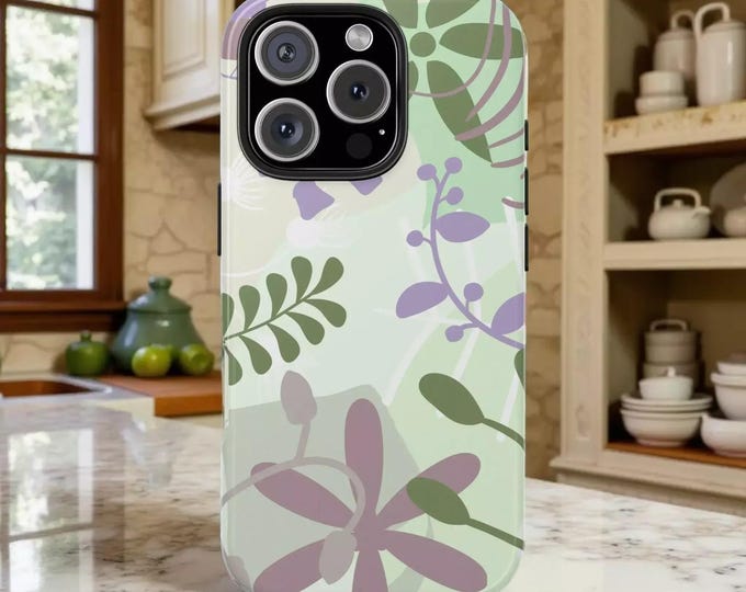 Tough Green & Purple Floral iPhone Samsung Case Durable Protection with Botanical Design