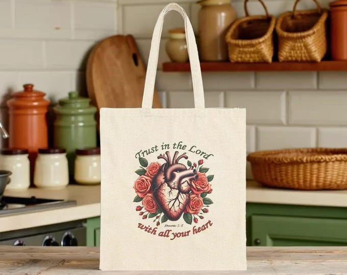 Trust In The Lord Scripture Tote Bag - Floral Cotton Canvas Shopping Book Bag