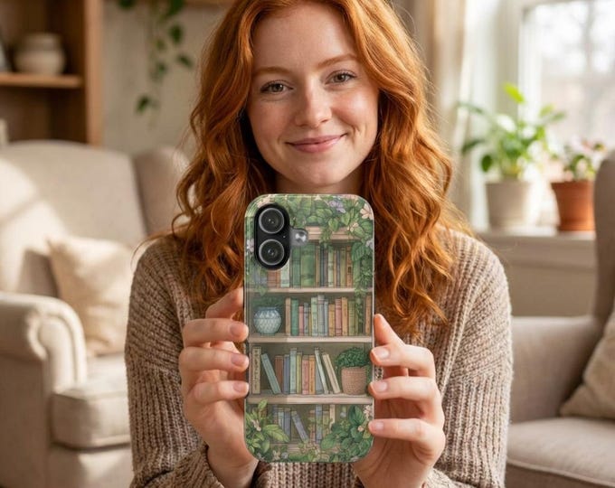 Bookish Botanical Tough Phone Case — Vintage Bookshelf Design
