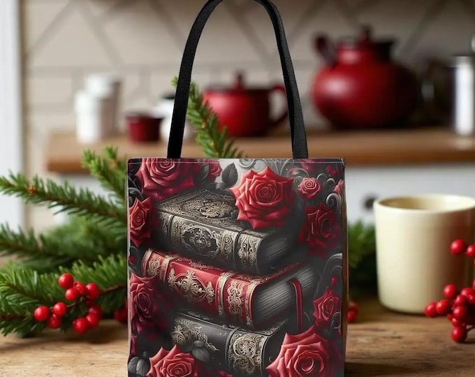 Tote Bag: Vintage Gothic Style - Dark Roses and Books Print