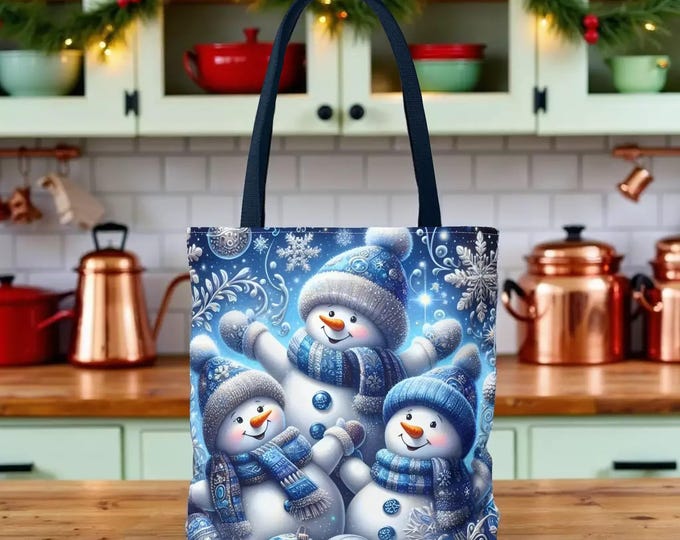 Winter Snowman Tote Bag, Blue Scarves, Snowflake Pattern Gift Shopping