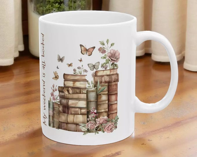 My Weekend Is All Booked Mug — Cozy Floral Book Lover Ceramic Coffee Cup