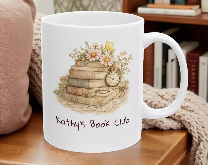 Personalized Name - Vintage Books and Floral Design Mug