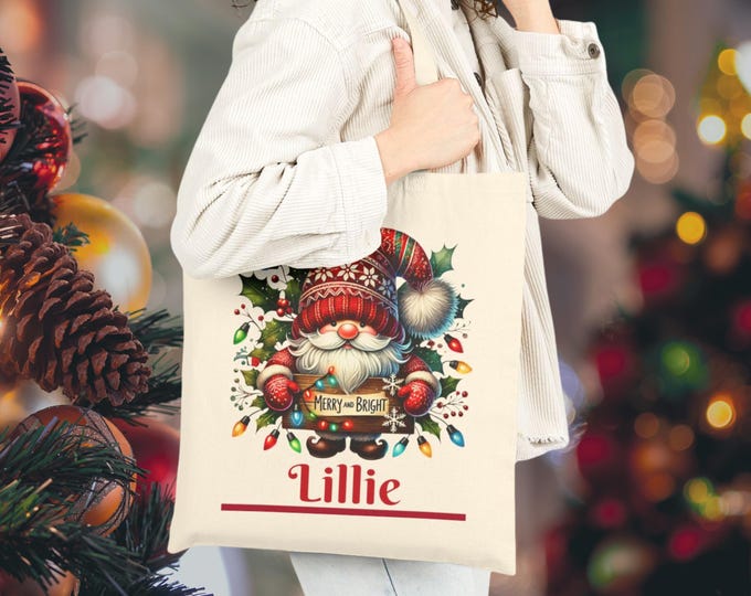 Personalized Santa Gnome Tote Bag, Holiday Shopping Bag, Christmas Gift Bag, Reusable Eco-Friendly Bag, Festive Canvas Tote