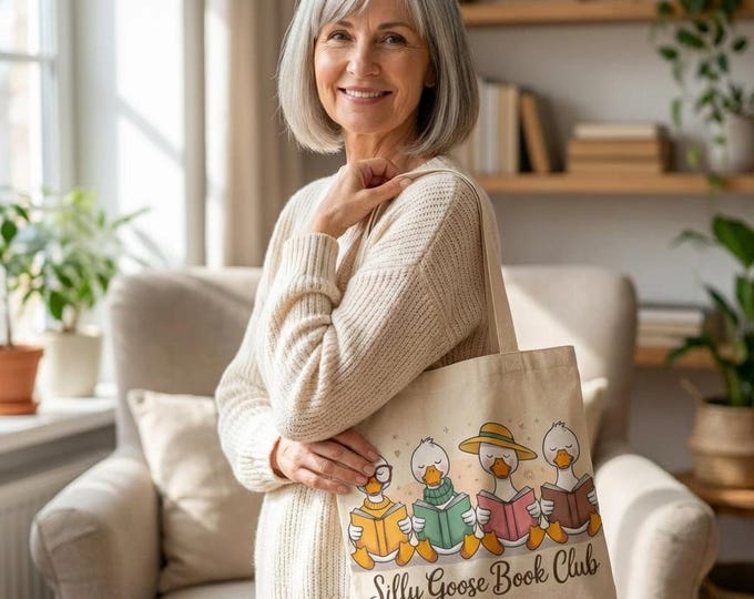 Reading Tote Bag: Silly Goose Book Club Design With Optional Coffee Mug
