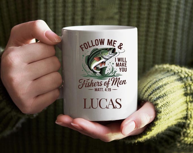 Christian Fishing Mug, Scripture Quote, Personalized Name (11oz Ceramic)