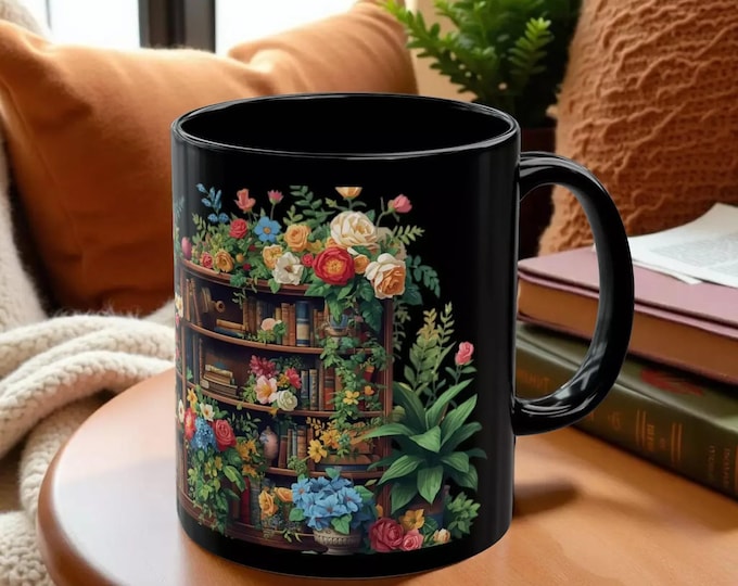 Floral Bookshelf Black Mug — Cozy Reading & Garden Lover Coffee Cup