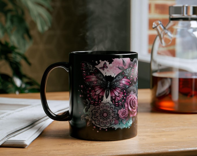 Gothic Black Floral Butterfly Book Lover Mug — Pink Roses & Mandala 11oz