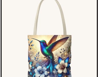 Hummingbird Floral Tote Bag • Vibrant Blue Bird & Blossoms Shopping Carryall Bag • Nature Lover Gift