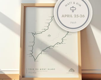 Routekaart Tour du Mont Blanc | Gepersonaliseerde posterkunst voor Mont Blanc-wandelen | TMB-decor voor liefhebbers van avontuur | Muurkunst wandelkaart Europa