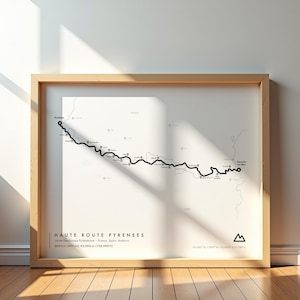 Sentier des Pyrénées de la Haute Route Imprimer | Carte des sentiers longue distance HRP, affiche de randonnée pour les amateurs de trekking en Espagne et en France