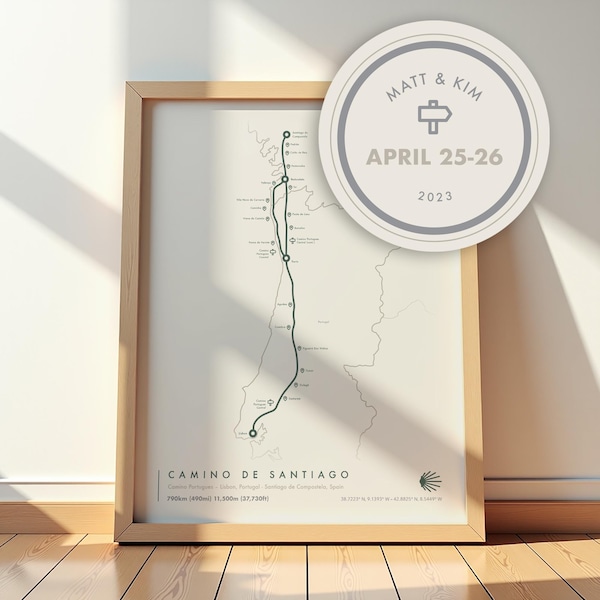 Carte des sentiers du Camino Portugues | Randonnée sur le chemin de Saint-Jacques-de-Compostelle, de Porto à Saint-Jacques-de-Compostelle Poster | Cadeau de pèlerinage