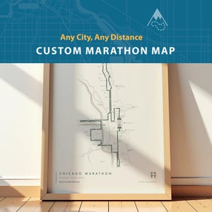 May include: A framed custom marathon map print featuring a minimalist black line route of the Chicago Marathon on a cream background. The text reads Any City, Any Distance, CUSTOM MARATHON MAP, CHICAGO MARATHON, Grant Park, Chicago, Illinois, 42.195 km.