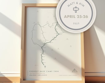 Poster per trekking al campo base dell'Everest / Mappa escursionistica personalizzata dell'Himalaya / Decorazione murale con arte e viaggi in Nepal