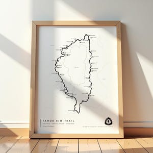 affiche du sentier Tahoe Rim | Carte de randonnée et oeuvre d'art murale pour la décoration du lac Tahoe | Art du Nevada | Carte des sentiers de Californie