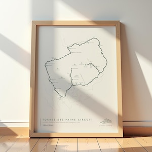 Póster del sendero Torres del Paine / Mapa del sendero Circuito O / Arte mural de senderismo y aventuras en la Patagonia Senderismo en Chile