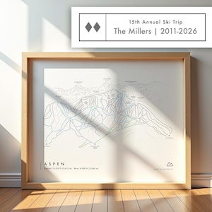 May include: A framed print of an Aspen ski resort map featuring a white background with blue, green, and black trail lines. The text reads 15th Annual Ski Trip The Millers 2011-2026, ASPEN, Summit 13,510 ft, and Base 8,400 ft with coordinates.