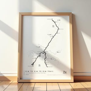 Mapa de senderos Rim To Rim To Rim: decoración de pared del Gran Cañón, regalo de aventura en Arizona, impresiones de pared para caminatas