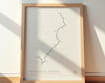 Impresión del Sendero Presidencial Traverse - Mapa de la cima del Monte Washington / Póster de senderismo de New Hampshire / Decoración de trekking en las Montañas Blancas