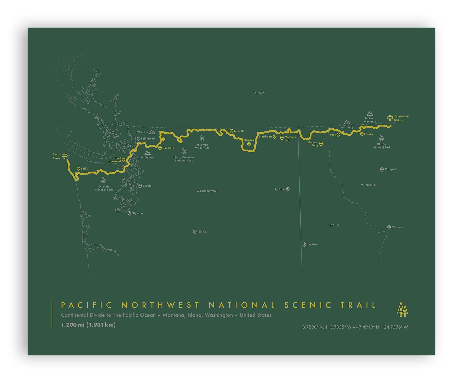Pacific Northwest Scenic Trail Map Hiking USA Poster Pacific NW Il Setb 