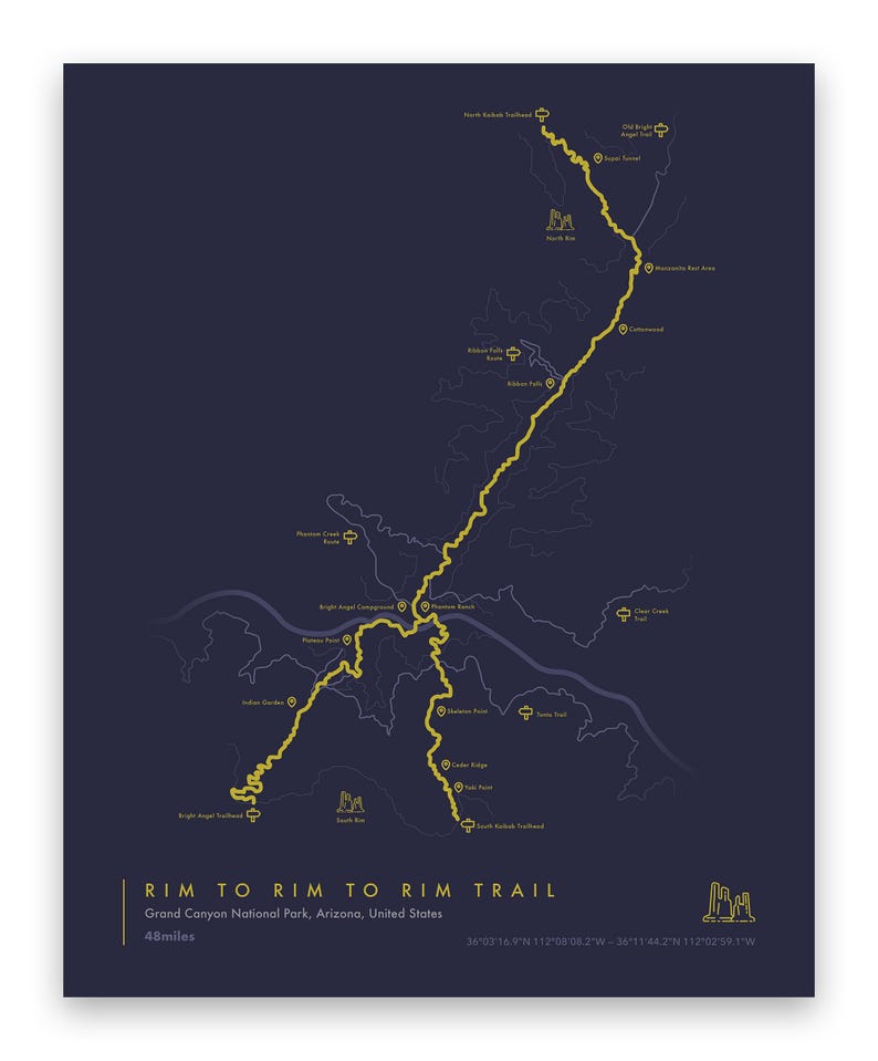Rim to Rim to Rim Trail Map Art - Personalized Grand Canyon Wall Decor ...