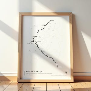 Póster de Milford Track / Mapa de senderos del Parque Nacional Fiordland / Impresión de senderismo de la Isla Sur de Nueva Zelanda para amantes de la naturaleza