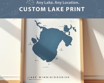 Mapa personalizado de lagos / Arte de pared personalizado para cabañas con cualquier lago, regalo para amantes de los lagos