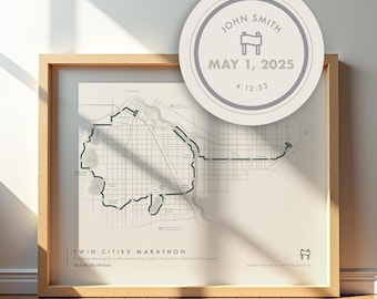 Póster con el mapa del maratón de Twin Cities, impresión personalizada de la ruta del maratón de Minneapolis-Saint Paul, arte mural para correr