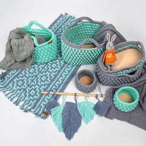 Basket Set "Mint & Gray" (6 items) – Handmade Storage