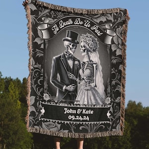 Til Death Do Us Part Woven Throw Blanket – Skeleton Couple Gift, Personalized Anniversary Blanket, Gothic Wedding Gift