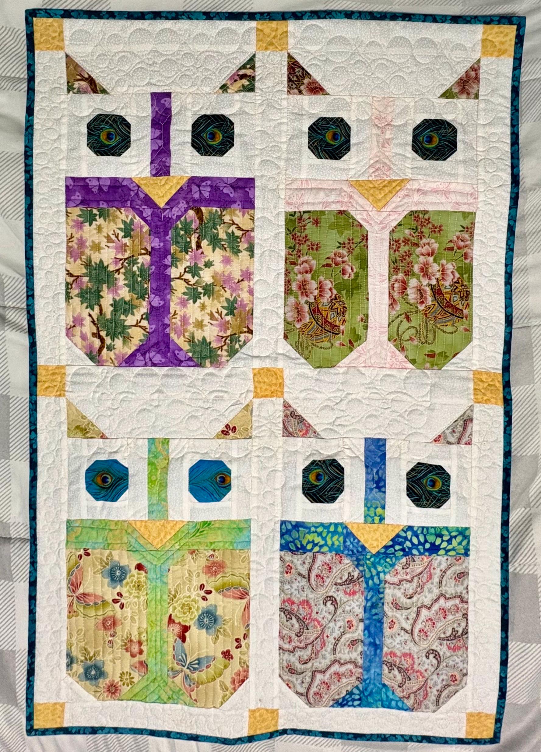 Handmade Owl Quilt Wall Hanging: Asian Fabric Art, Peacock Eyes 22" x 34"