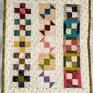 Handmade Patchwork Sampler Quilt Wall Hanging, Primitive Table Topper, Farmhouse Runner 18x15