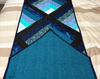 Handmade Waterfall Quilted Table Runner, Modern Blue Cotton Patchwork (62 inches)