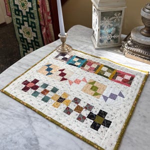 Finished Handmade Patchwork Sampler Quilt Wall Hanging, Primitive Table Topper, Farmhouse Quilted Candle Mat Runner 18x15
